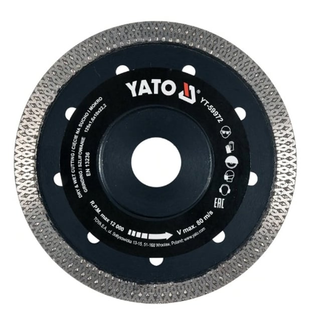 Disc diamantat de taiere continuu, 125x22.2x1.6 mm, taiere umeda si uscata, Yato YT-59972