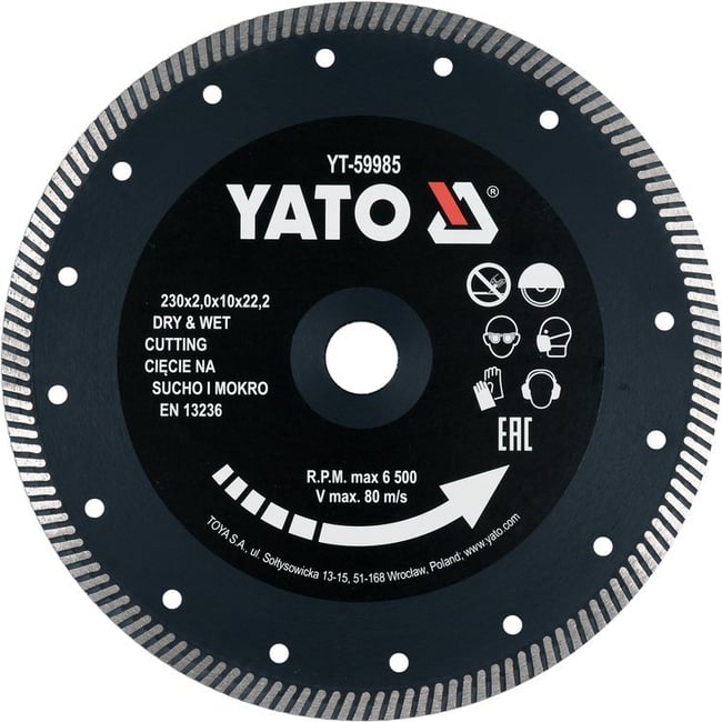Disc Diamantat de Taiere Continuu, 230x22.2x2mm, Taiere Umeda si Uscata, Yato YT-59985
