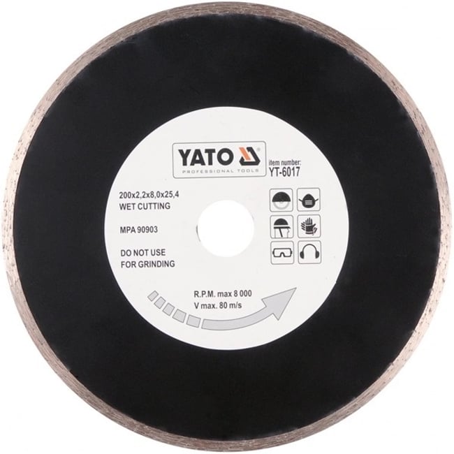 Disc diamantat de taiere continuu, 200x25.4x2.2 mm, taiere umeda, Yato YT-6017
