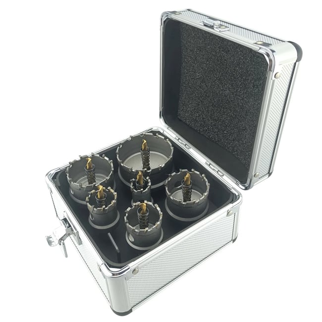 Set 6 carote cu vidia pentru metal cu burghiu din titan 22-65 mm, cutie metal