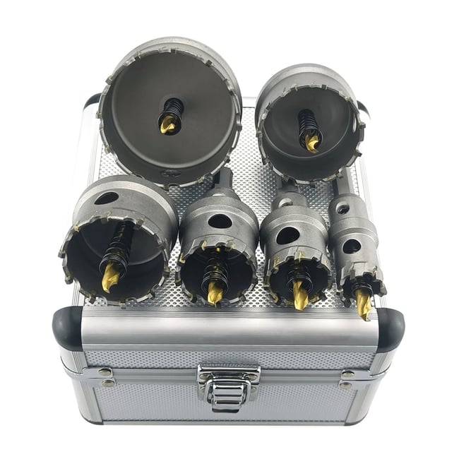 Set 6 carote cu vidia pentru metal cu burghiu din titan 22-65 mm, cutie metal