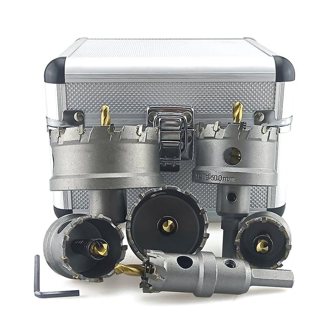 Set 6 carote cu vidia pentru metal cu burghiu din titan 22-65 mm, cutie metal