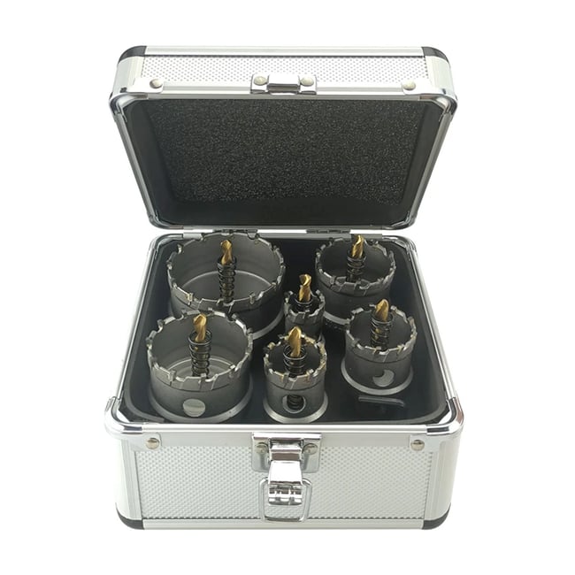 Set 6 carote cu vidia pentru metal cu burghiu din titan 22-65 mm, cutie metal