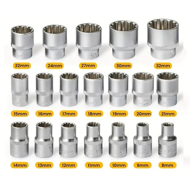 Set 19 chei tubulare spline 1/2 Cr-V, 8-32mm, 12-point
