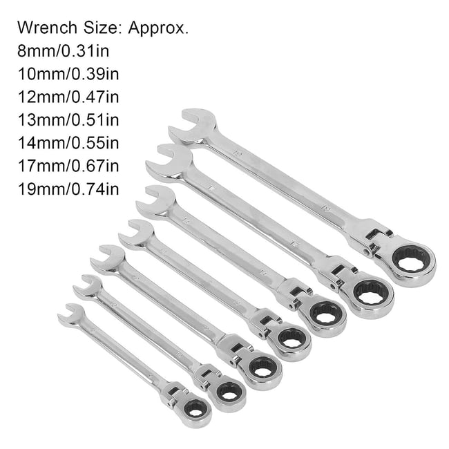 Set 7 chei combinate cu clichet cu cap flexibil, 8-19mm