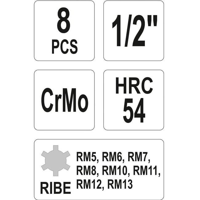 Set chei de impact, Yato YT-1068, Ribe RM5-RM13, 1/2, Cr-Mo