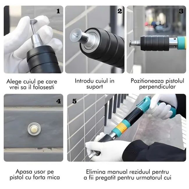 Kit pistol de nituri pentru fixare cuie In perete, tavan, podea, lemn, pneumatic, manual