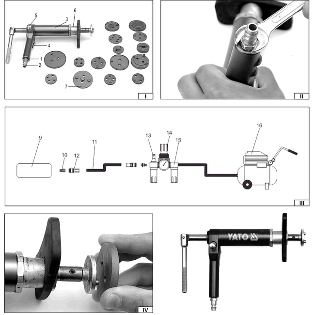 Trusa universala cu presa si adaptoare pentru etrier frana pneumatica, 16 piese, Yato YT-0671