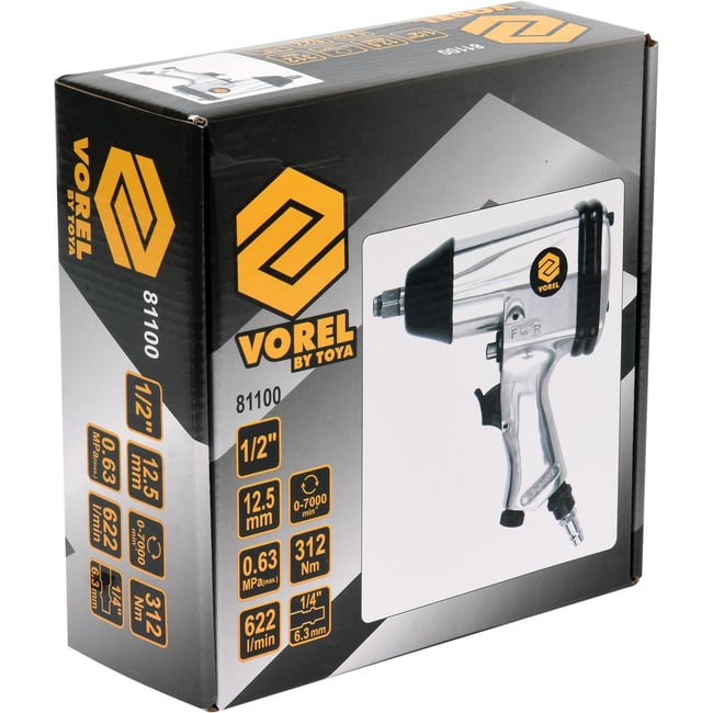 Pistol pneumatic, Vorel 81100, 312 Nm, 6.3 bar, 622 l/min, patrat 1/2 inch