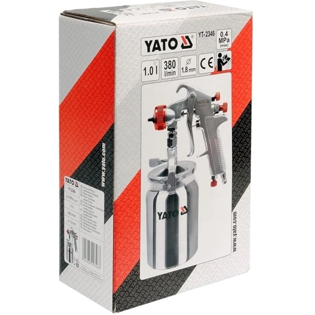 Pistol de vopsit pentru compresor, Yato YT-2346, duza 1.8 mm, 1 l, vas din metal, reglare debit vopsea, reglare debit aer