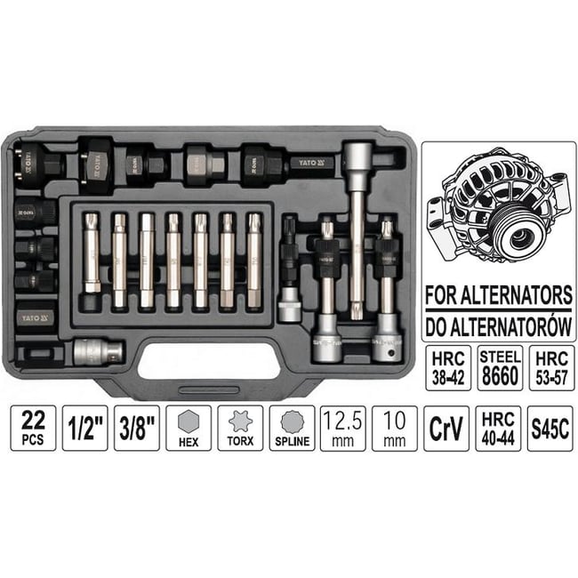 Set chei demontare si montare fulii de alternator, Yato YT-04211, 22 piese
