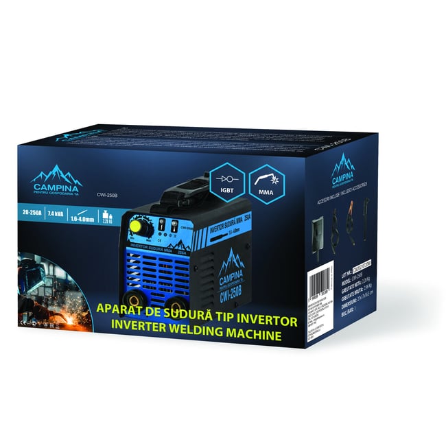 Aparat de sudura tip invertor Campina CWI-250B, 20-250A, 7.4kVA, MMA, electrod 1.6-4mm, IGBT, 2.28 kg