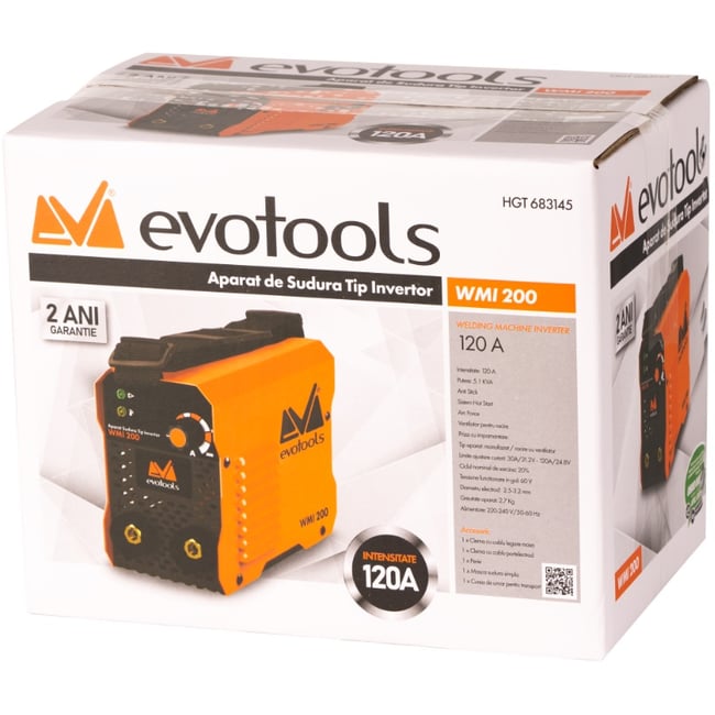 Aparat de sudura tip invertor, Evotools WMI 200, diametru electrozi 2.5 - 3.2mm, accesoriile incluse, Hot Start, Anti-Stick, Arc Force