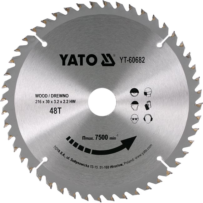 Disc cu Vidia pentru Lemn Diametru 216mm, Interior 30mm, 48 Dinti, Yato YT-60682