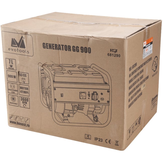 Generator de curent electric, pe benzina, Evotools EPTO GG900, 4 Timpi, 220 V, 900 W, 2 CP, priza 12 V, regulator tensiune