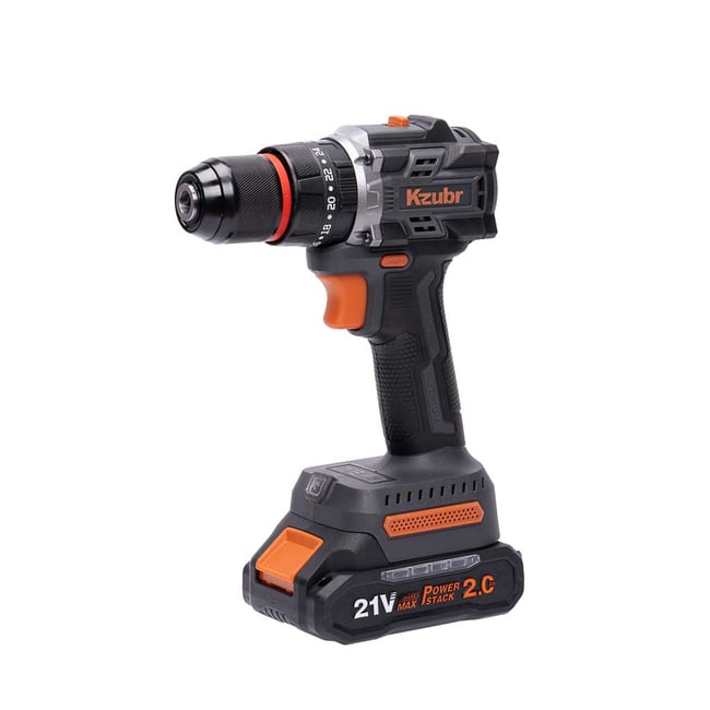 Masina de gaurit / insurubat, cu percutie, KZUBR KBLEID-21V-10, cu 2 acumulatori, 21 V, 2 Ah, Li-Ion, 1400 Rot/min, 18+1, 60 Nm, Brushless