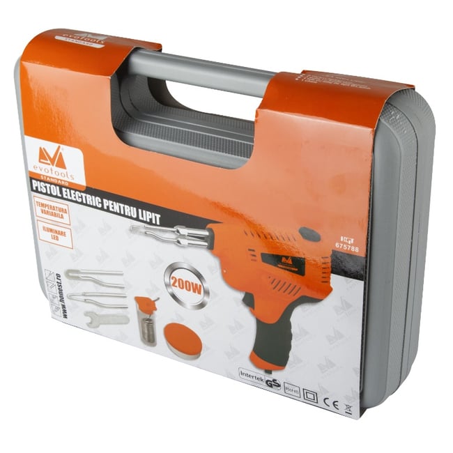 Pistol de lipit cu fludor EvoTools, 200 W, iluminare LED, 3 trepte putere , cu accesorii, in valiza