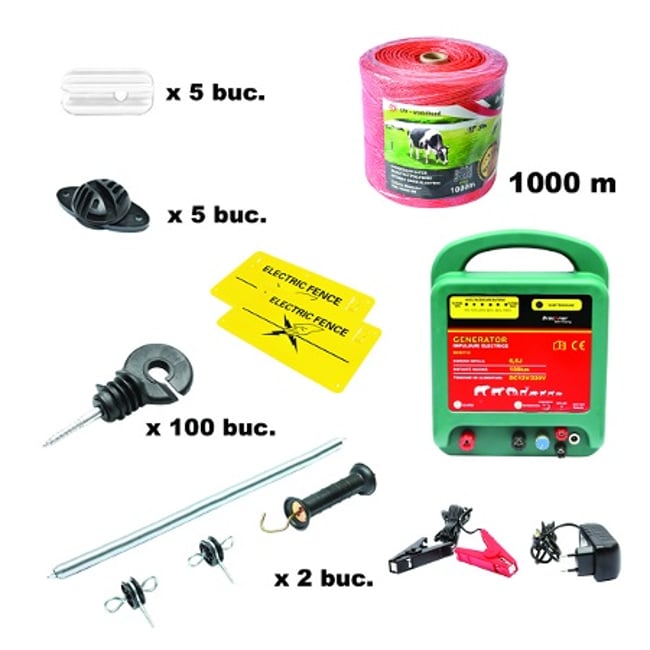 Kit complet gard electric 12/220V, 6.5 Joule, lungime fir 2x500m, 100 izolatori, maner, poarta si 2 placute avertizare Breckner Germany