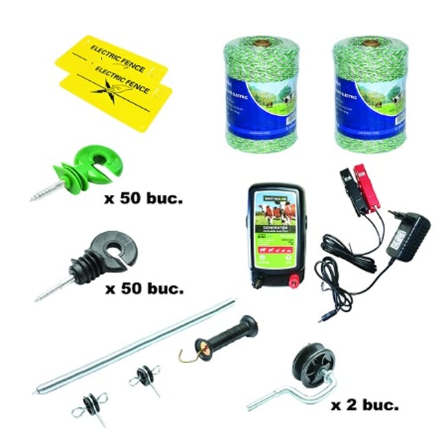 Kit complet gard electric 12/220V, 1.8 Joule, lungime fir 2x500m, 100 izolatori, maner, poarta si 2 placute avertizare Breckner Germany