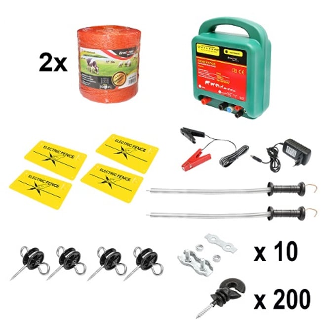 Kit complet gard electric 12/220V, 6.5 Joule lungime fir 2000m, 200 izolatori si placute avertizare Breckner Germany