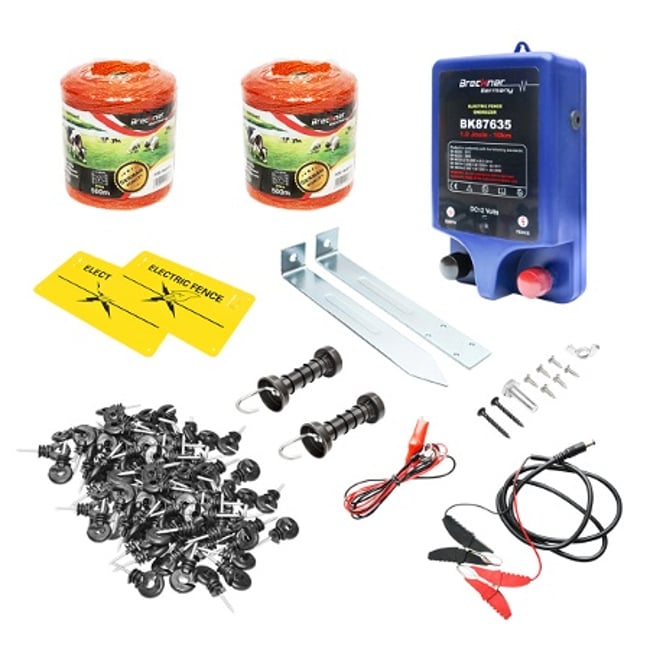 Kit complet gard electric 12V, 1 Joule, lungime fir 1000m, 200 izolatori, 2 manere poarta si 2 placute avertizare Breckner Germany