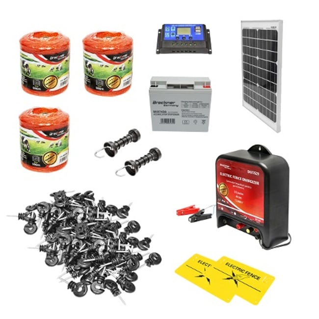 Kit complet gard electric 12V 4 Joule, lungime fir 1500m, panou solar 20W, baterie 12V/12Ah, 200 izolatori si maner poarta Breckner Germany