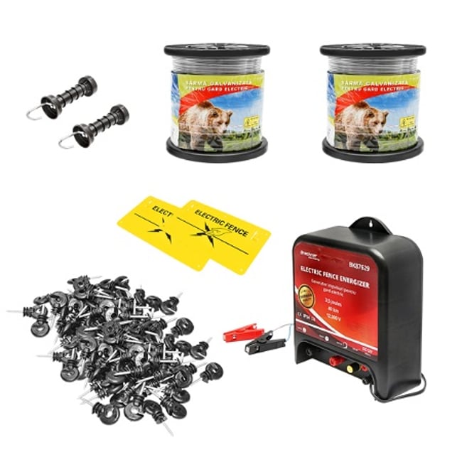 Kit complet gard electric 12V 3.5 Joule, lungime sarma 1000m 200 izolatori si placute avertizare Breckner Germany