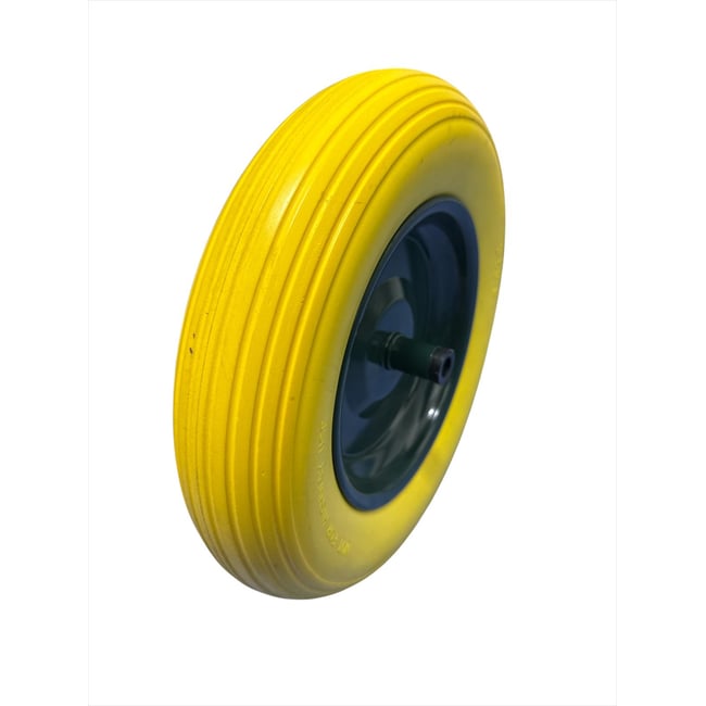 Roata roaba fara camera din poliuretan cu janta metalica 3.50-8, ax subtire 14 mm, galbena/verde