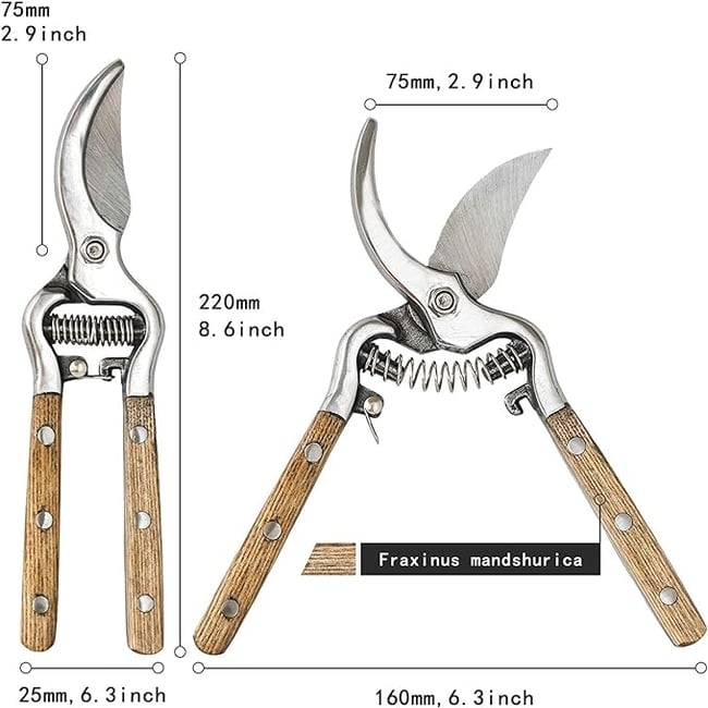 Foarfeca de vie manuala 8" otel inoxidabil, manere lemn bambus
