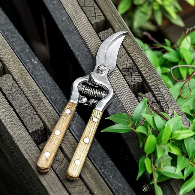 Foarfeca de vie manuala 8" otel inoxidabil, manere lemn bambus
