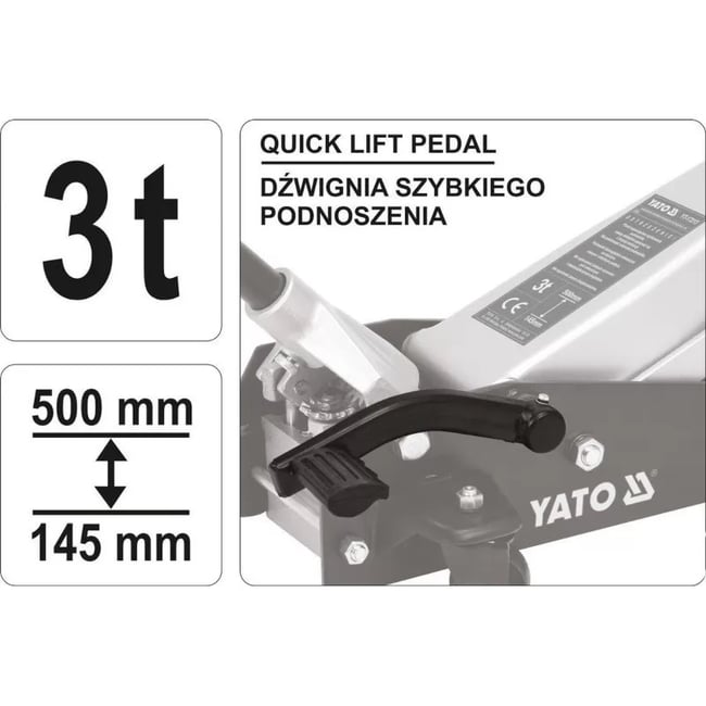Cric hidraulic tip crocodil Yato YT-17213, cu pedala, capacitate ridicare 3 Tone, 145-500 mm