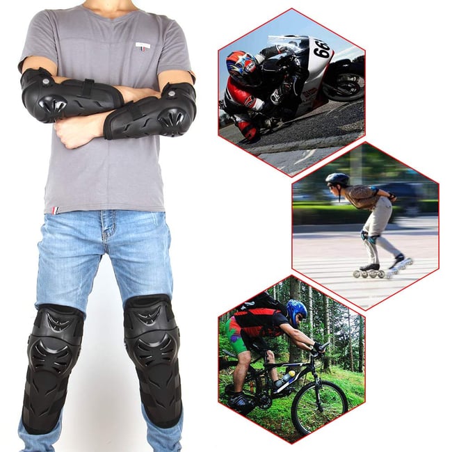 Set protectii moto, genunchere si cotiere, prindere Velcro, benzi elastice, ventilate, culoarea neagra
