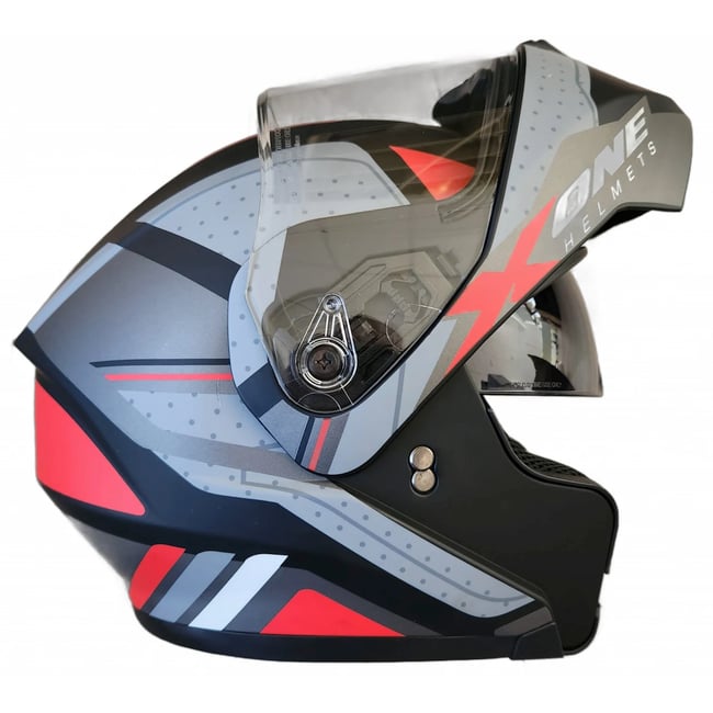 Casca moto flip up X-One cu ochelari de soare, negru / rosu