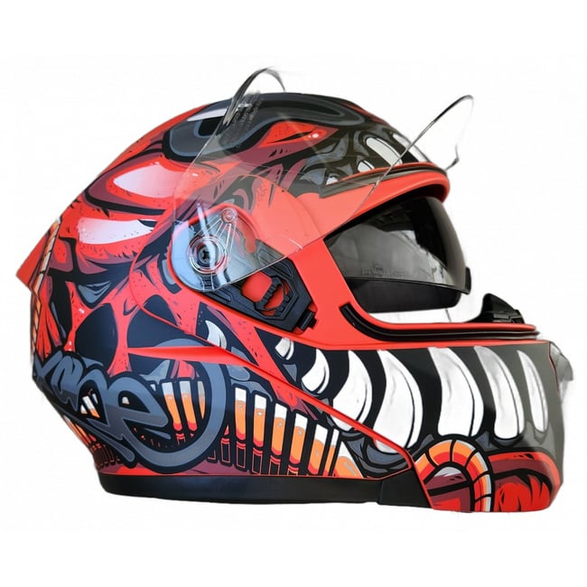 Casca moto flip up X-One "Alien"cu ochelari de soare, negru / rosu