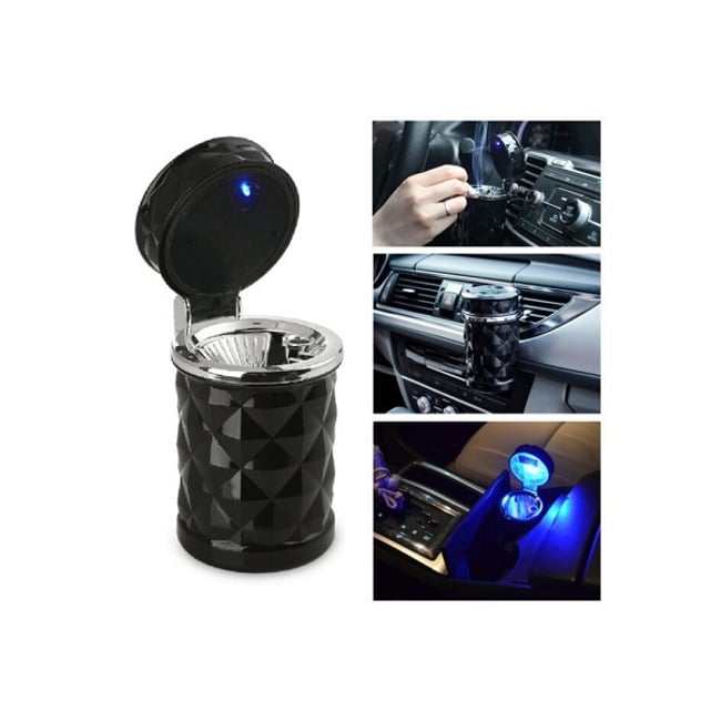 Scrumieră auto LED, cu opțiune de prindere pe grila de ventilație sau în suportul de pahar