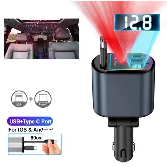 Incarcator auto 66w, 12v, cablu alimentare type-c / iphone, proiectie led plafon, 4in1, pd 3.0, fast charge, afisaj voltaj