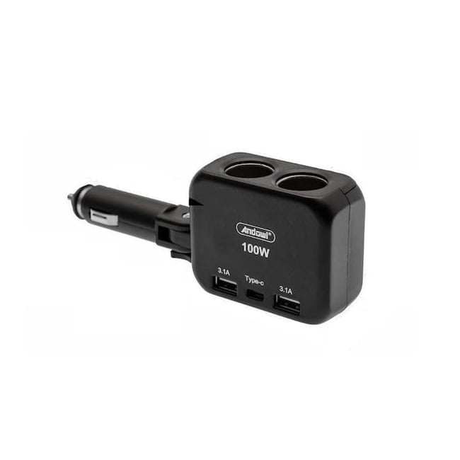 Adaptor Priza Auto, 100W, 2 x Soclu Auto, 2 x USB-A, 1 X USB-C, Rotire 90°, 12/24V
