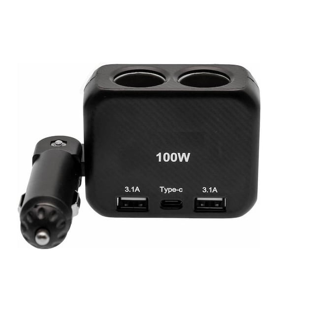 Adaptor Priza Auto, 100W, 2 x Soclu Auto, 2 x USB-A, 1 X USB-C, Rotire 90°, 12/24V