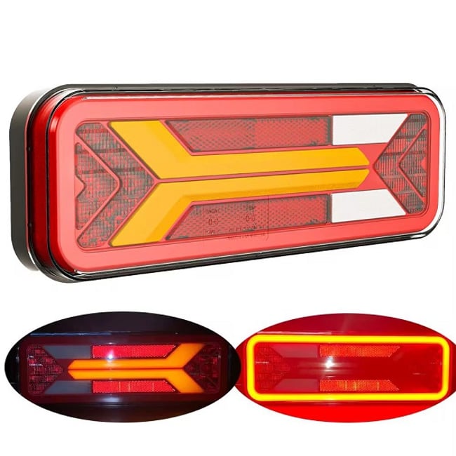 Set 2 lampi spate camion, remorca, trailer, cu led, tensiune 12-24V, IP66, functie pozitie / ceata / marsarier / semnalizare dinamica, stop frana, 283 x 100 mm