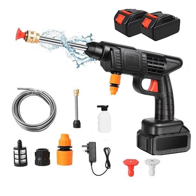 Aparat de spalat cu presiune, cu 2 acumulatori 48v, putere 240L/h, 25 bar, maner ergonomic, recipient spuma, 3 jeturi diferite, geanta de transport, Negru