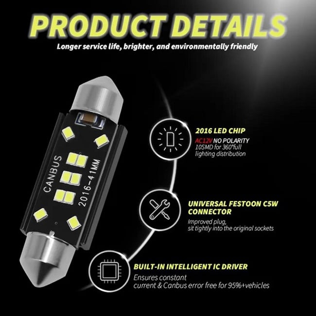 Set 2 becuri led auto, pentru numar inmatriculare, portbagaj, plafoniera, c5w, 12V, 41mm, 10 led canbus, alb