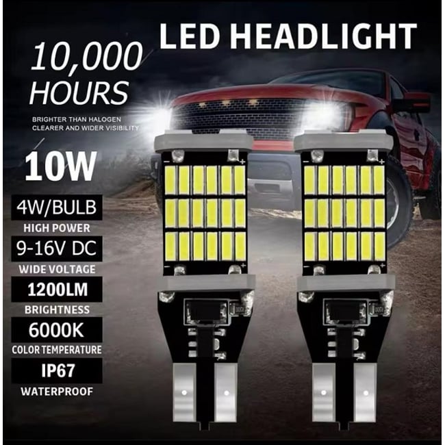 Set 2x Becuri Auto, Led T15, W16W, 1200lm, 6000k, 12v, 45 smd, alb