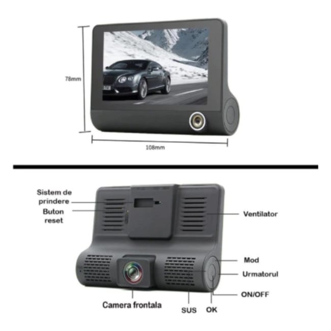 Camera Video Auto, DVR, Tripla, Full-HD, 3 Camere - Fata/Spate/Interior, Display 4 Inch, G Senzor, 170 grade