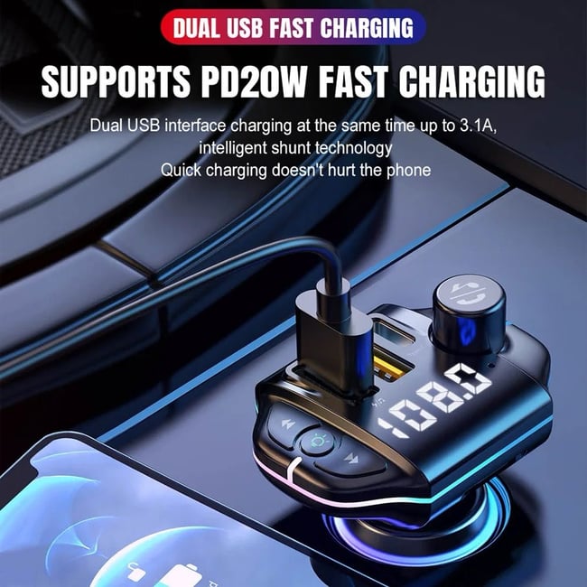 Modulator FM Auto Bluetooth 5.0, Incarcator Auto Tip C / USB QC 3.0, Incarcare Rapida, USB 2.0, MP3 Player, Handsfree,FM, LED RGB