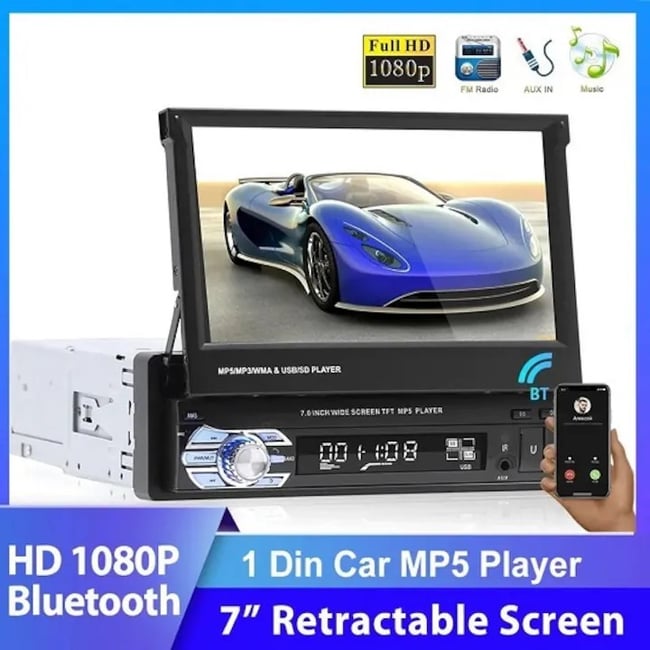 MP5 Player Auto cu Display Retractabil, 1DIN, Radio FM, Ecran 7'', Telecomanda, Bluetooth, USB, AUX, 60Wx4