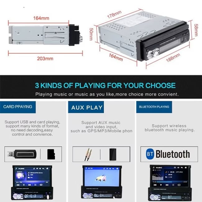 MP5 Player Auto cu Display Retractabil, 1DIN, Radio FM, Ecran 7'', Telecomanda, Bluetooth, USB, AUX, 60Wx4