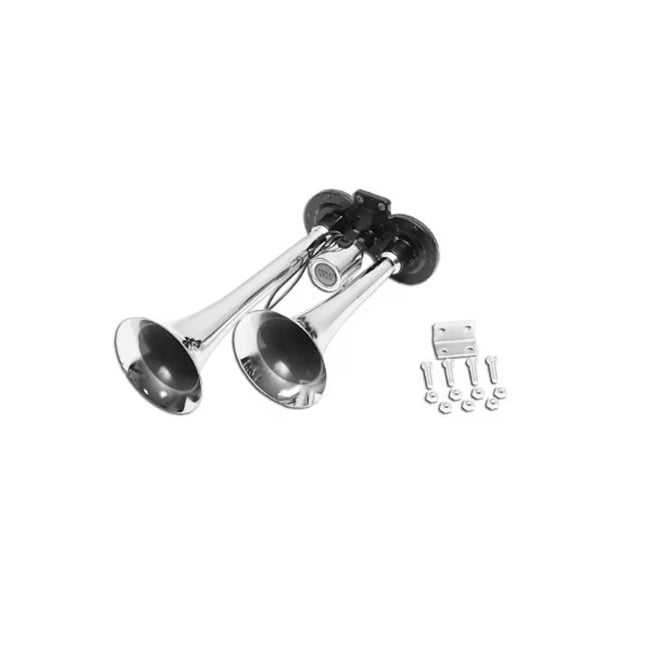 Claxon auto, camion, tir, cu 2 pipe cromate integrate, pentru compresor cu aer, universal, alimentare 24V