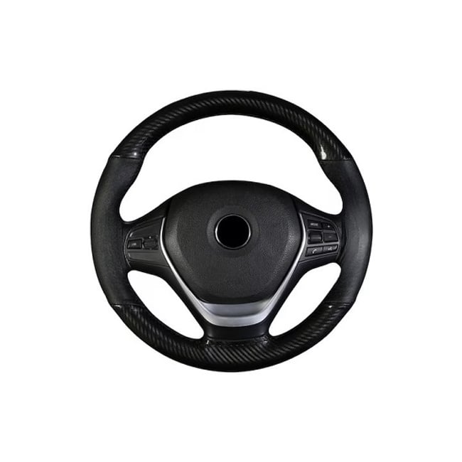 husa Volan Cu Ac si Ata, Marime: M, Imitatie Piele si Carbon Negru, Cusatura Neagra, Universala