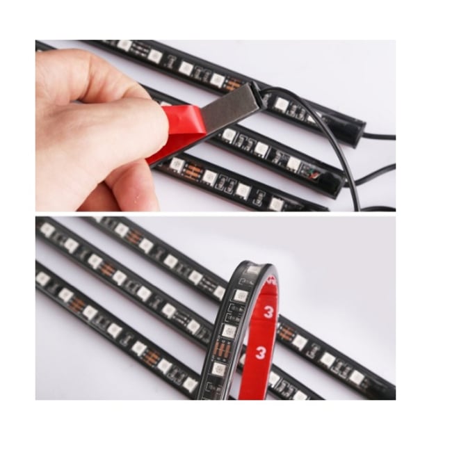 Kit 4 Benzi LED RGB Autoadezive cu Telecomanda si Functie Sonora, 12 Leduri