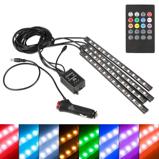 Kit 4 Benzi LED RGB Autoadezive cu Telecomanda si Functie Sonora, 12 Leduri